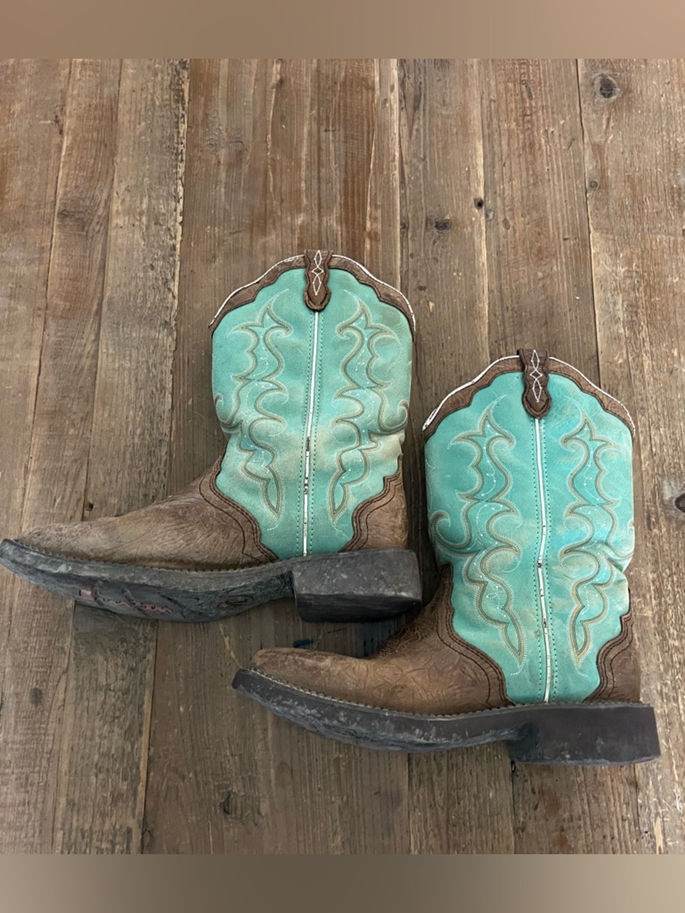 JUSTIN Gypsy Raya Square Toe Turquoise & Brown Western Cowboy Boots Size 10B
